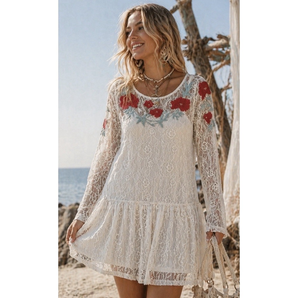 Lulumari Anthropologie Embroidered Floral Lace Mini Dress Size S Beach Feminine